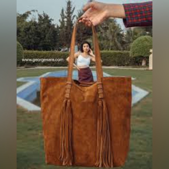 Argentine Real Suede British Tan Cognac Tote Bag with Tassels - Picture 2 of 14